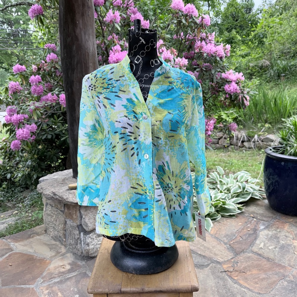 Ruby Rd. Favorites NWT Floral Burnout Blouse‎ Aqua & Lime Green Mandarin Collar